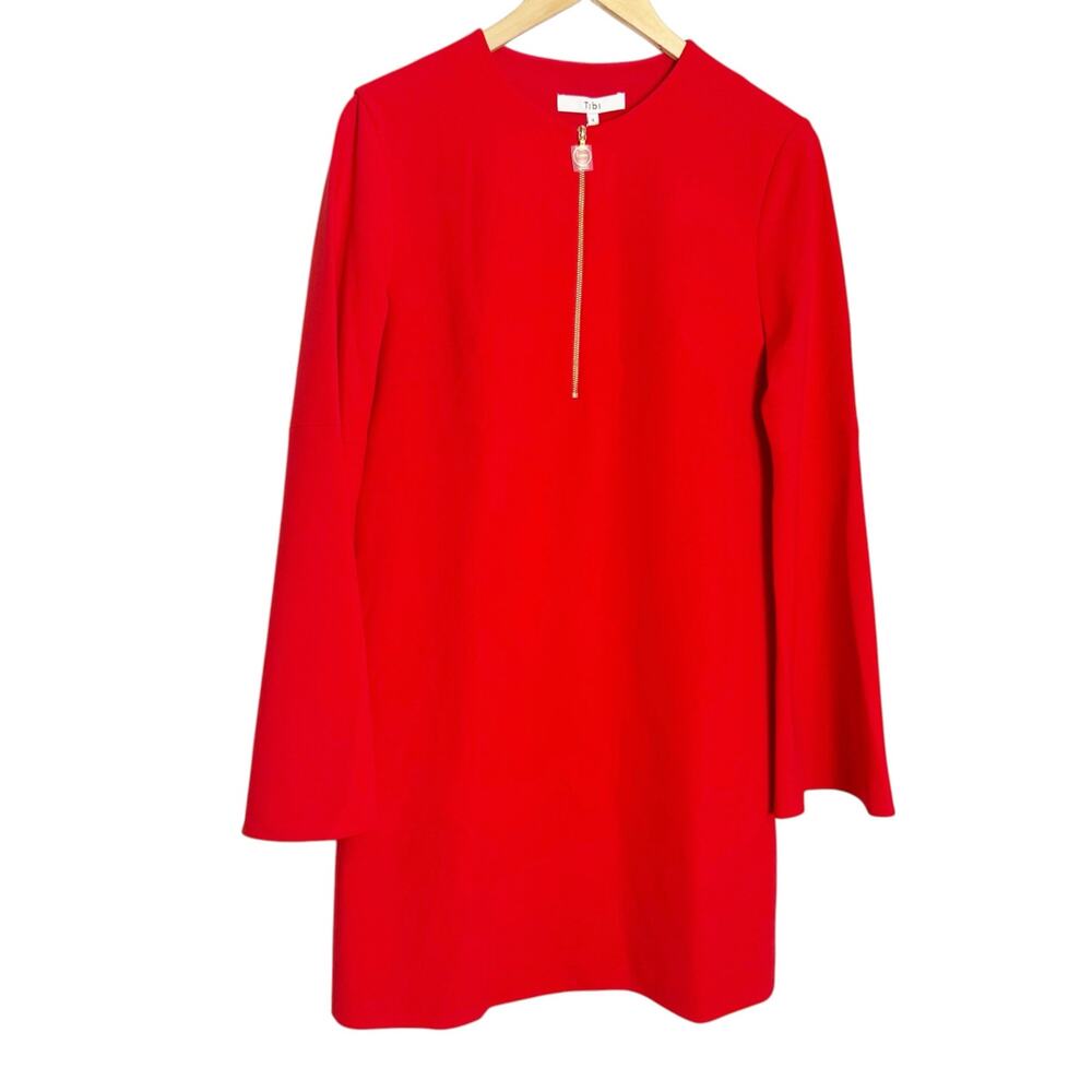 Tibi Solid Red Long Sleeve O-Ring Quarter Zip Luxe Crepe Shift Dress Size 4